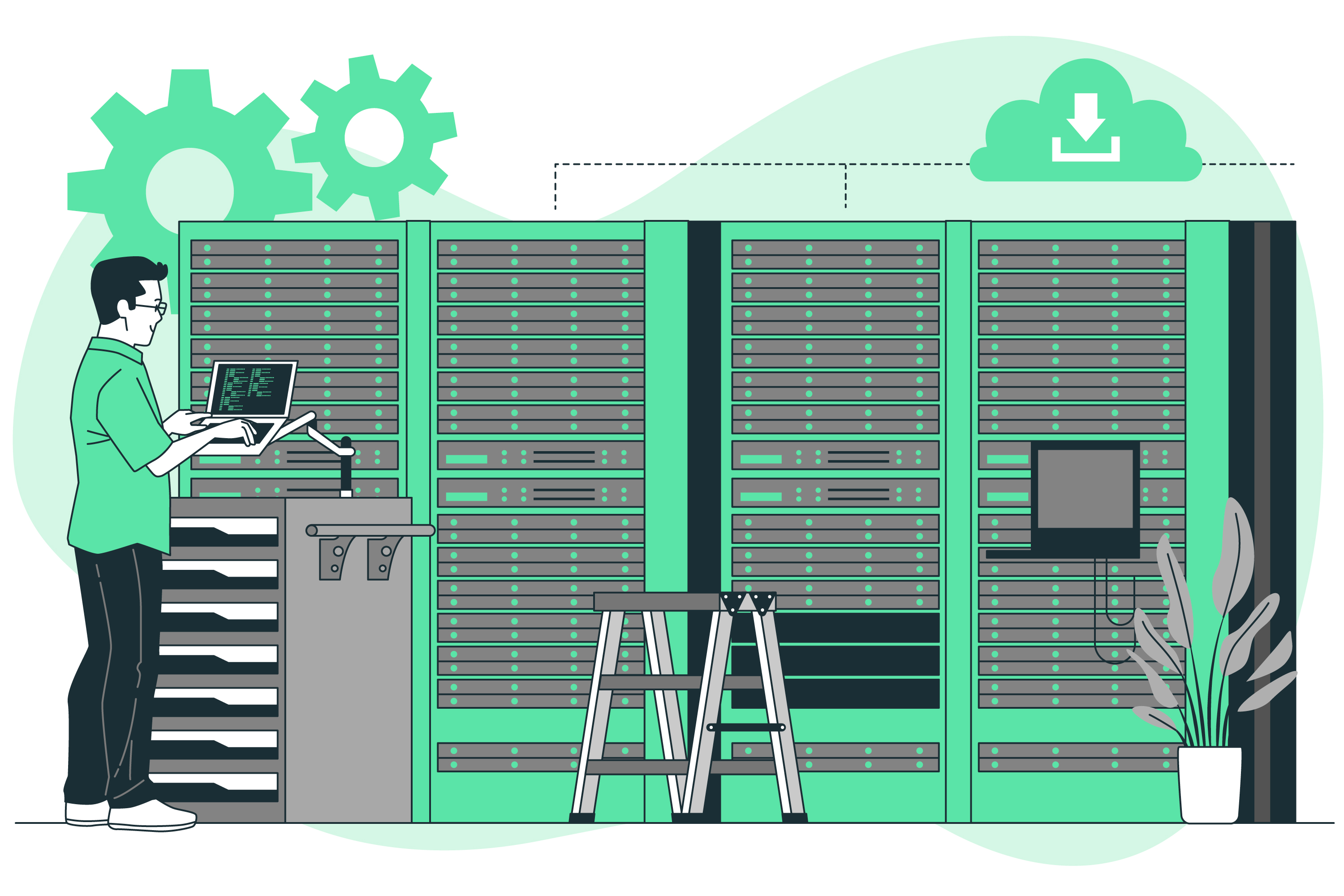 Ilustração de um profissional monitorando servidores conectados à nuvem com engrenagens, simbolizando os recursos da Oracle Cloud Infrastructure