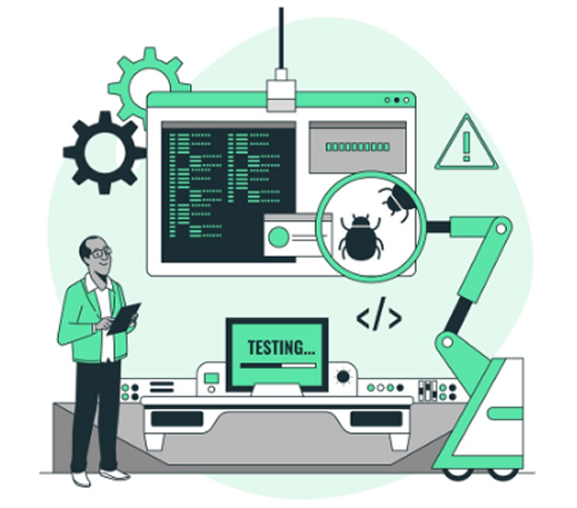 Ilustração de especialista em segurança analisando sistema com bugs e alertas, representando teste de intrusão (pentest) em ambientes de TI