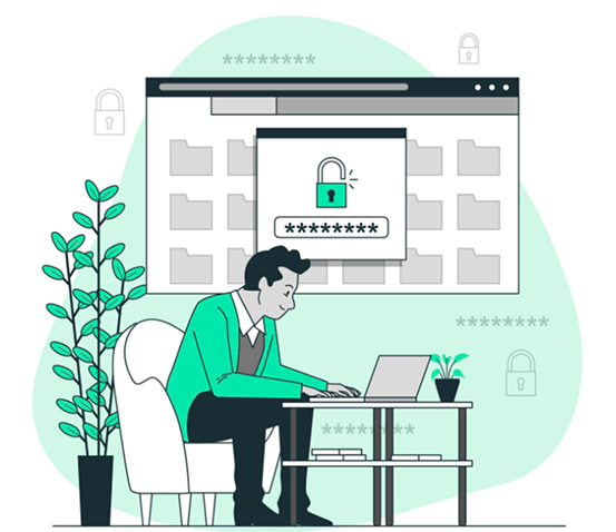 Profissional realizando teste de segurança em laptop com ícone de cadeado, simbolizando proteção de dados e segurança personalizada para empresas