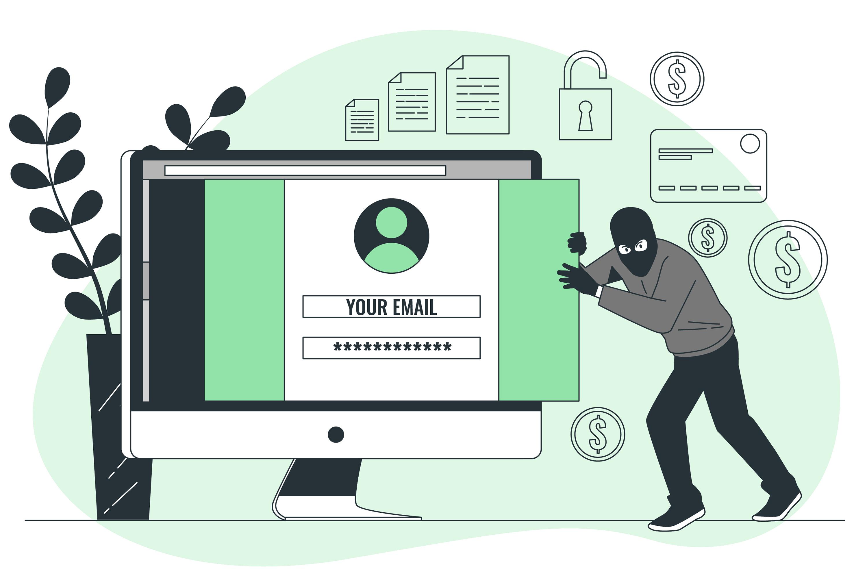 Ilustração de um hacker, roubando credenciais valiosas